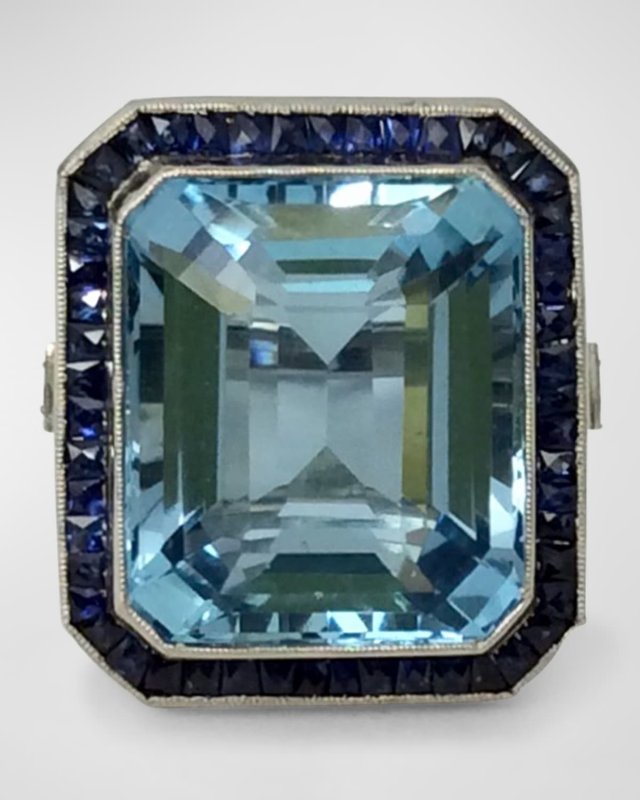 Platinum Emerald Cut Aquamarine, Diamond and Sapphire Ring, Size 7